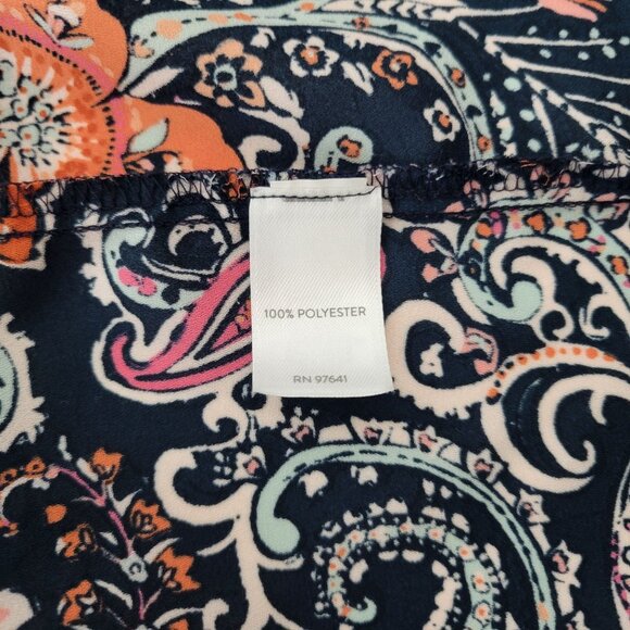 J. Jill Floral Paisley Bell Sleeve Blouse Womens M 100% Polyester Navy & Coral - Picture 4 of 4